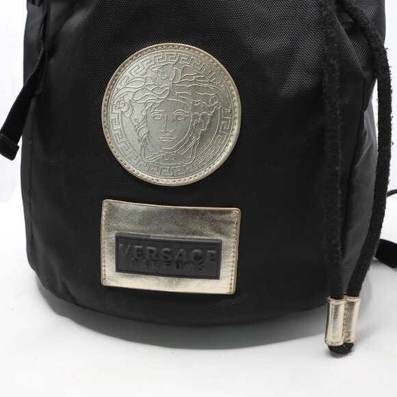 VERSACE Parfums Black Nylon Backpack Gold Medusa Logo Bag Travel Gym Drawstring - Picture 5 of 13